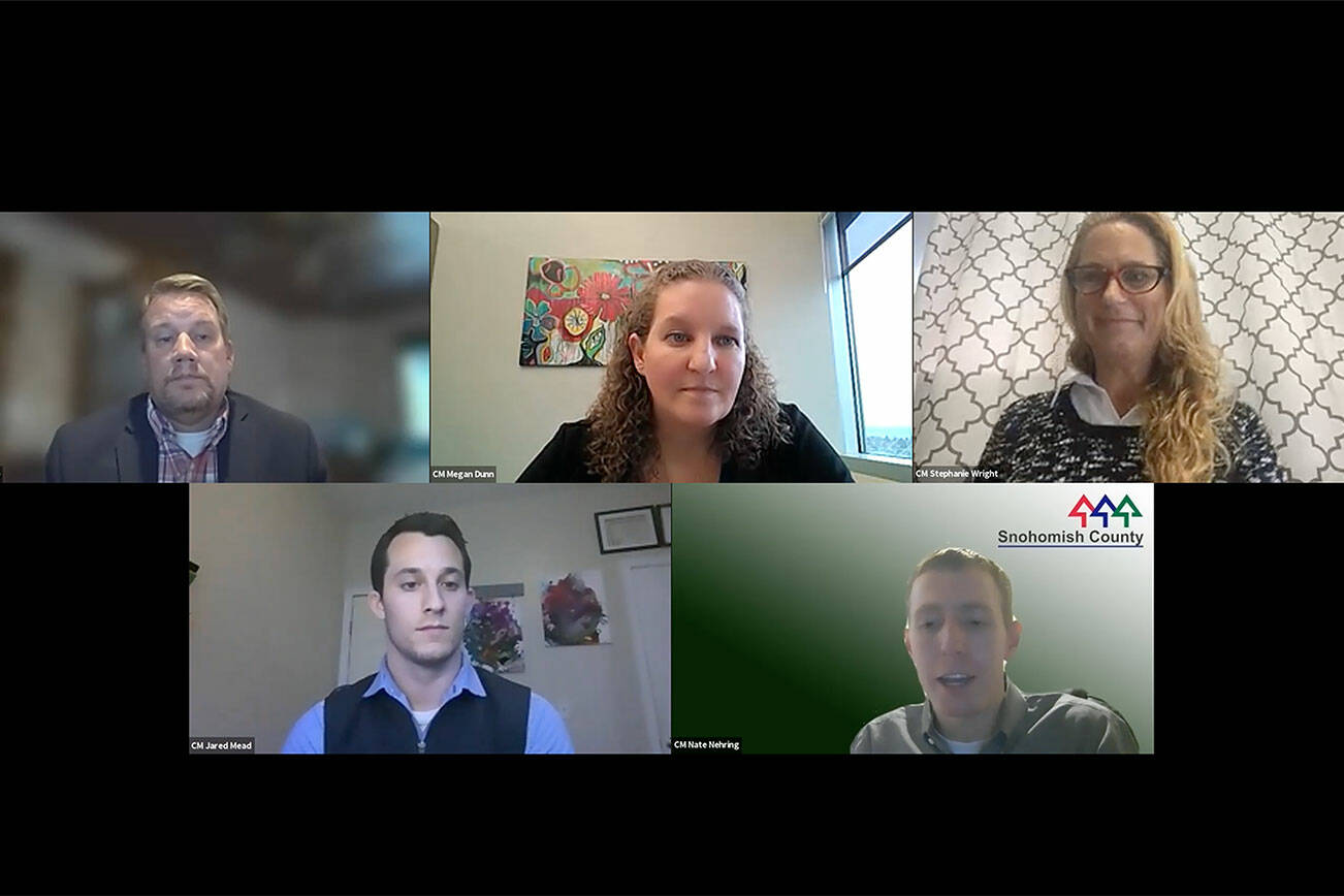 Snohomish County Council members (top row, from left) Sam Low, Megan Dunn, Stephanie Wright and (bottom row, from left) Jared Mead and Nate Nehring discuss the budget during an online meeting Nov. 9. (Snohomish County Council)