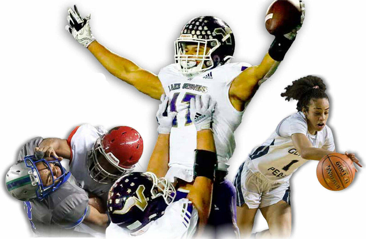 From left: Archbishop Murphy’s Anfernee Gurley, Lake Stevens’ Gavin Steidle and Glacier Peak’s Aaliyah Collins. (Olivia Vanni and Kevin Clark / The Herald)