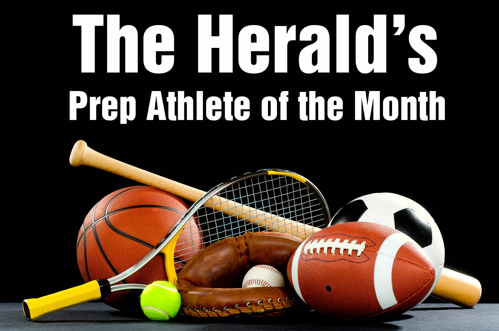 A variety of sports equipment on a black background including an american football, a soccer ball, a baseball, a baseball bat, a tennis raquet, a tennis ball, and a basketball
