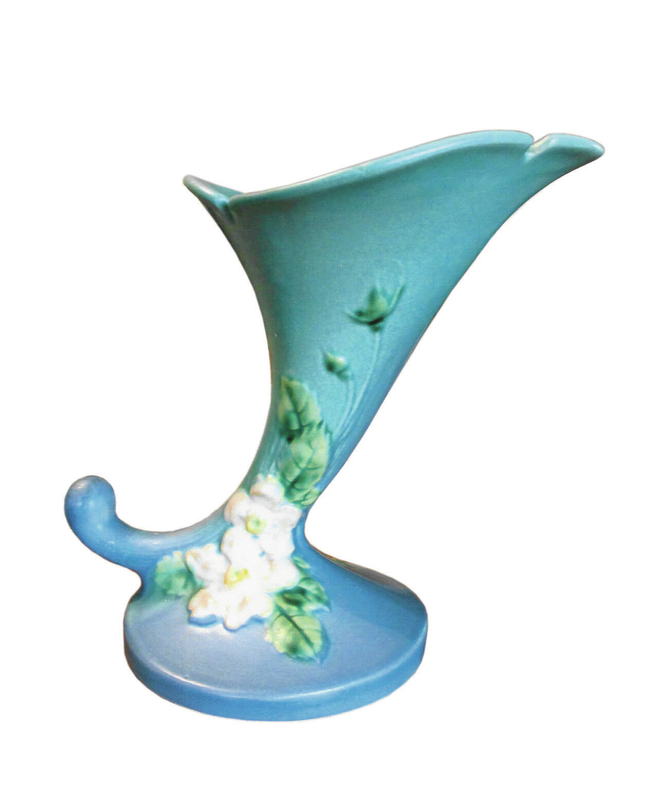 The White Rose cornucopia vase by Roseville Pottery has been reproduced. Authentic vases like this one can sell for $100 to $125. (Cowles Syndicate Inc.)