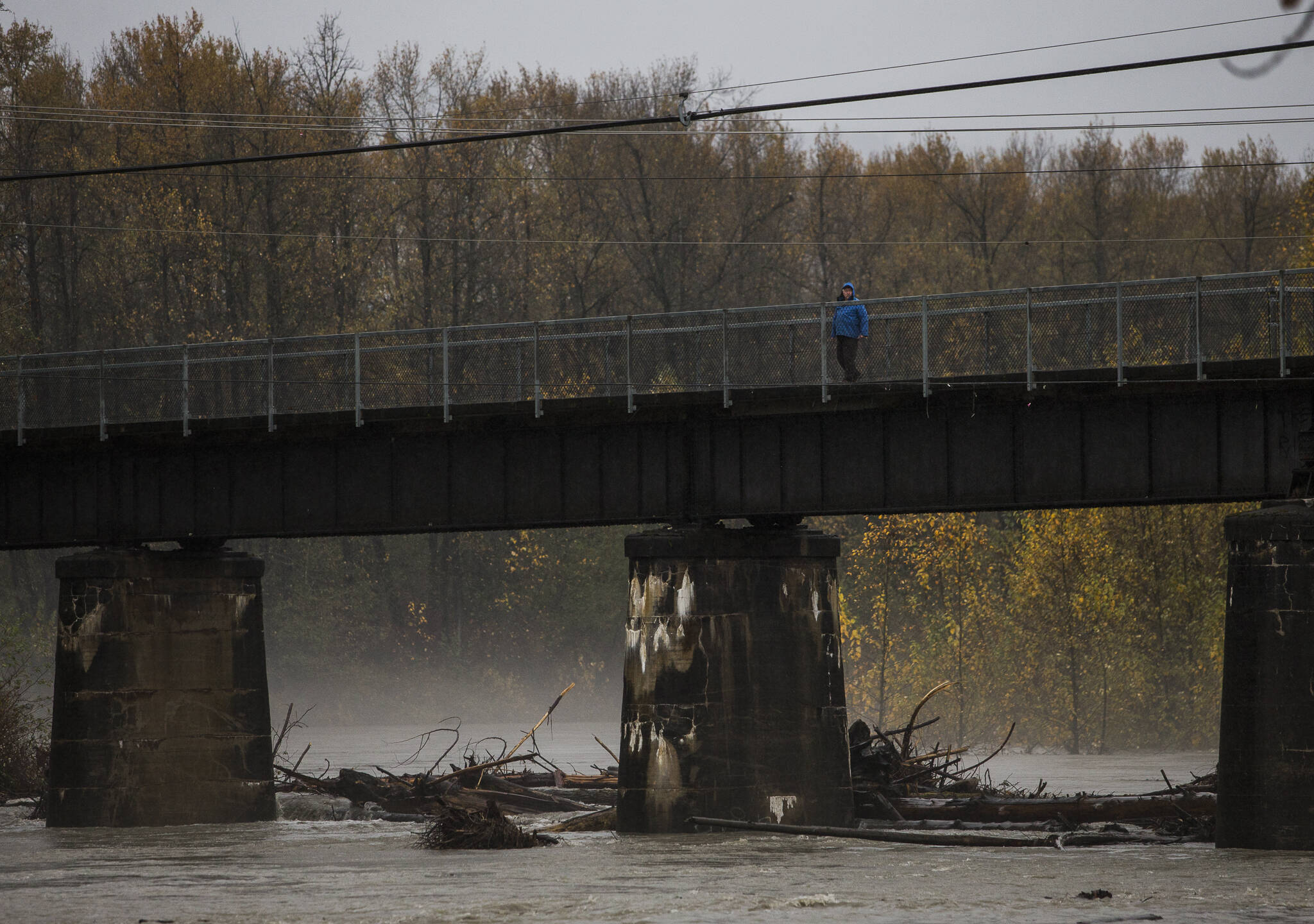 A person looks out over the Stillaguamish River and the debris caught underneath the Centennial Trail bridge on Friday in Arlington. (Olivia Vanni / The Herald)