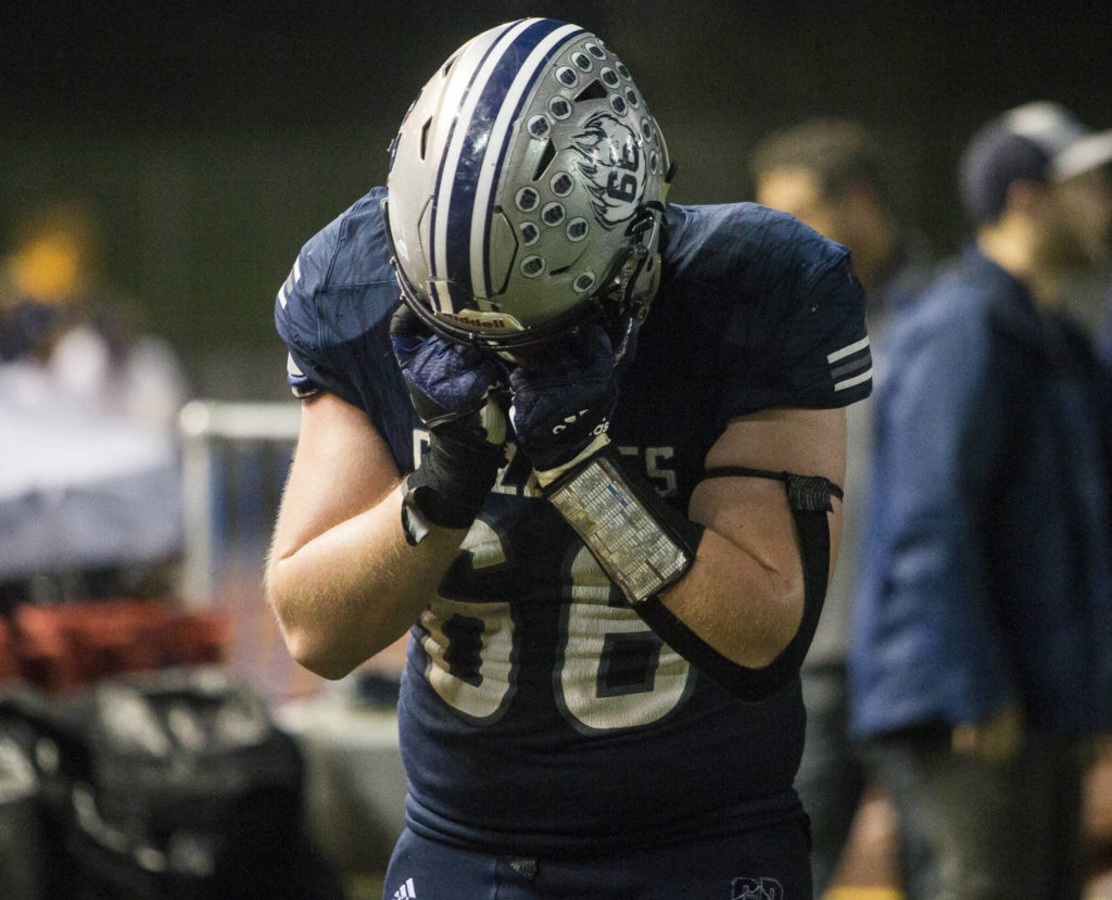 Glacier Peak’s Adam Troxel becomes emotional after losing to Bothell and being knocked out of the playoffs on Friday, Nov. 12, 2021 in Snohomish, Wa. (Olivia Vanni / The Herald)

