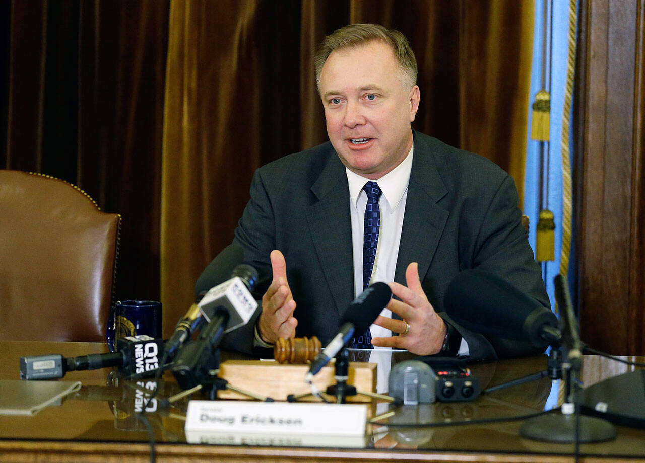 Washington Sen. Doug Ericksen, R-Ferndale, talks to reporters, Thursday, Feb. 2, 2017, at the Capitol in Olympia. (AP Photo/Ted S. Warren)