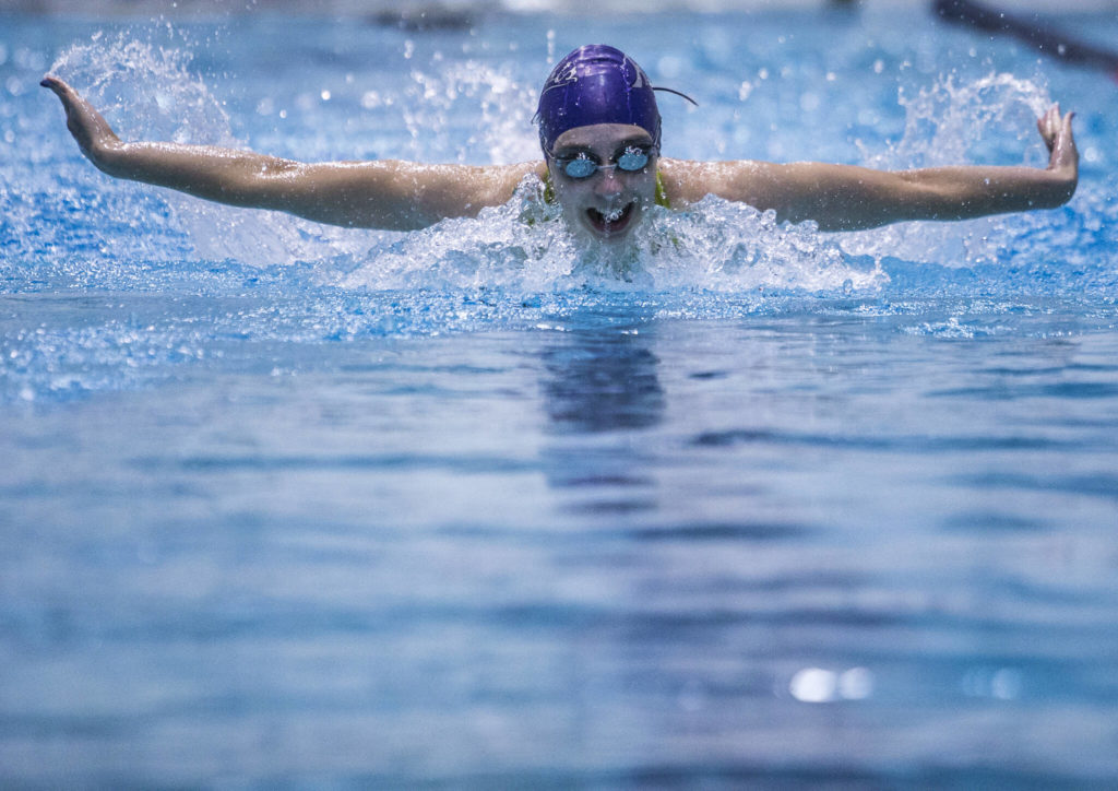 Kamiak sophomore Claire Smith won a 4A state title in the 100 butterfly. (Olivia Vanni / The Herald)
