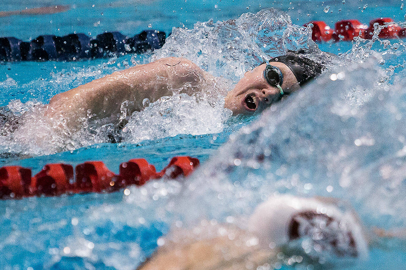 Mary Clarke swims in the 100 Yard Freestyle during the 3A Girls State Swim & Dive Championship on Saturday, Nov. 13, 2021 in Federal Way, Wa. (Olivia Vanni / The Herald)