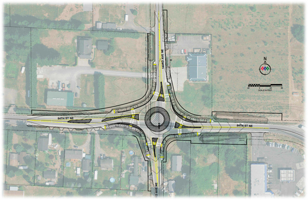 An overlay of a roundabout at 84th Street NE and 163rd Avenue NE near Lake Stevens. The placement isn’t exact and more design is needed. (Snohomish County Public Works)
