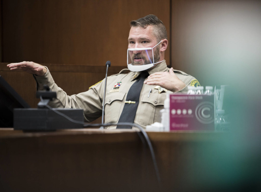 Sheriff’s Deputy Art Wallin, testifying here in a recent unrelated trial, is being sued by Britt Jakobsen over the 2018 fatal shooting of her boyfriend, Nickolas Peters. (Olivia Vanni / The Herald)
