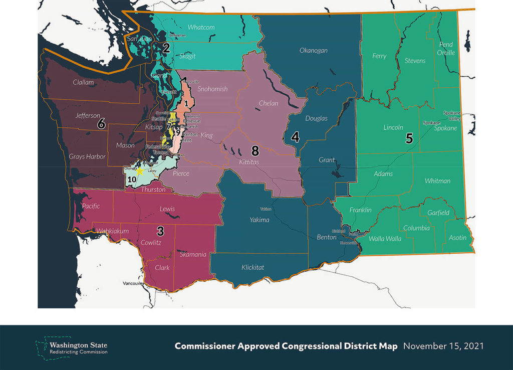 The Washington State Redistricting Commission approved this Congressional District map and released it to the public Tuesday night. It is not the final map — the Washington Supreme Court has jurisdiction to adopt the final districting plan. (Washington State Redistricting Commission)
