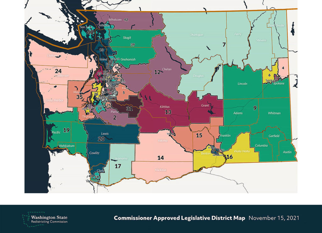 The Washington State Redistricting Commission approved this Legislative District map and released it to the public Tuesday night. It is not the final map — the Washington Supreme Court has jurisdiction to adopt the final districting plan. (Washington State Redistricting Commission)
