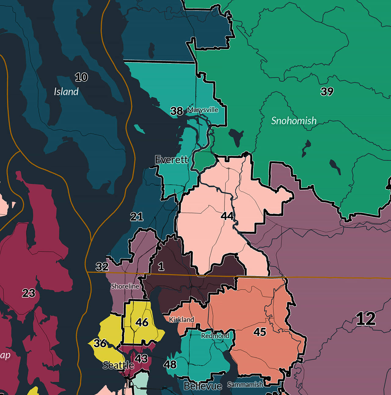 The Washington State Redistricting Commission approved this Legislative District map and released it to the public Tuesday night. It is not the final map — the Washington Supreme Court has jurisdiction to adopt the final districting plan. (Washington State Redistricting Commission)