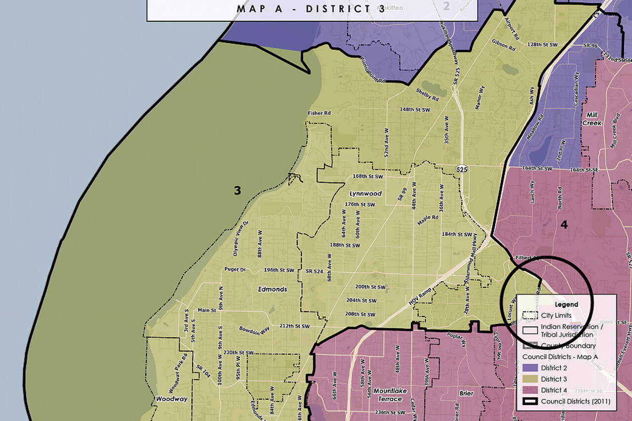 Two unincorporated areas of District 4 seen here in yellow and purple will be absorbed by districts 2 and 3, impacting just under 14,000 people.