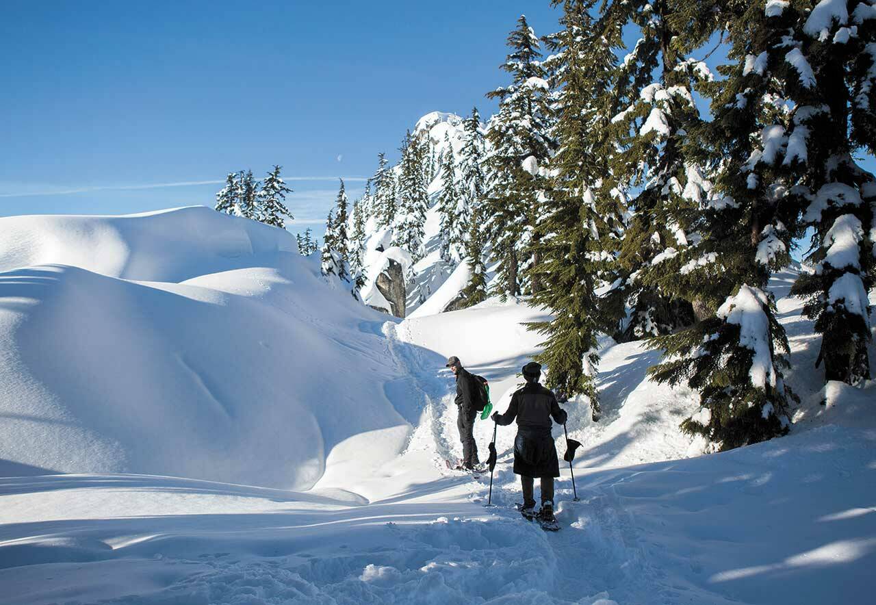 Don Sarver, left, and Kyle James, right, snowshoe on the Skyline Lake Trail on Jan. 26, 2019, in Leavenworth. (Olivia Vanni / Herald file)
Don Sarver, left, and Kyle James, right, snowshoe on the Skyline Lake Trail on Saturday, Jan. 26, 2019 in Leavenworth, Wa. (Olivia Vanni / The Herald)