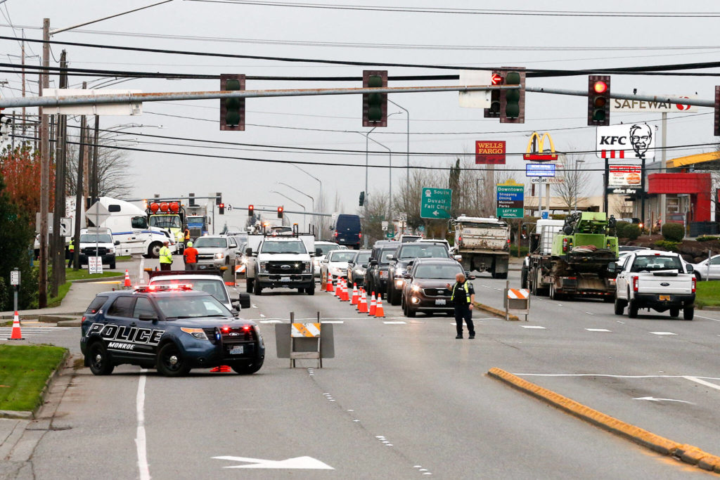 U.S. 2 was closed after an accident Thursday afternoon in Monroe. (Kevin Clark / The Herald)
