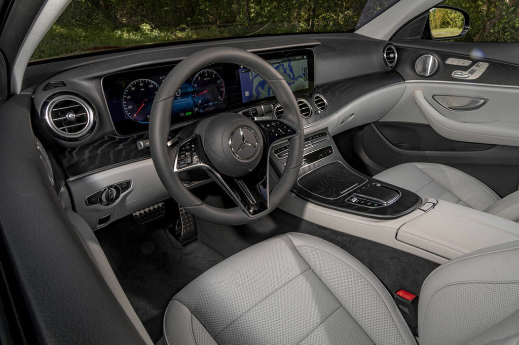 Two 12.3-inch side-by-side screens and a center console touchpad are elements of the newest MBUX system in the 2021 Mercedes-Benz E 450 All-Terrain. (Manufacturer photo)
