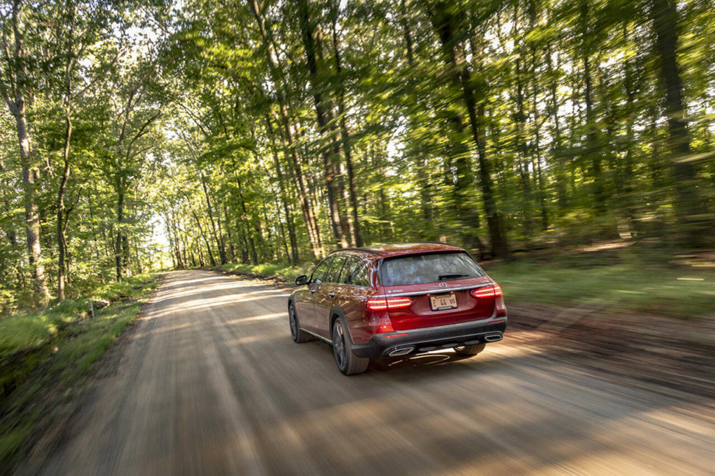 The 2021 Mercedes-Benz E 450 All-Terrain has all-wheel drive and a stylized skid plate with mirror chrome finish. (Manufacturer photo)
