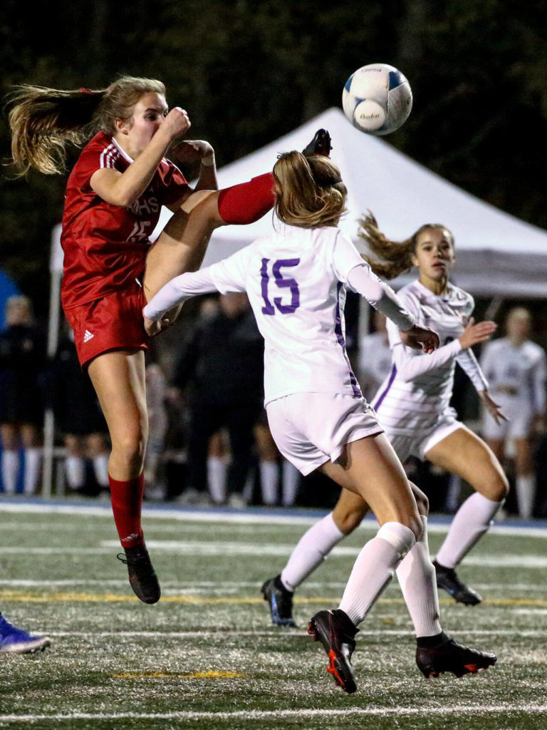 Archbishop Murphy’s Jordyn Latta kicks the game winning goal Friday night at Shoreline Stadium on November 19, 2021. The Wildcats advance to the state championships with the 2-1 win over the Rapids. (Kevin Clark / The Herald)
