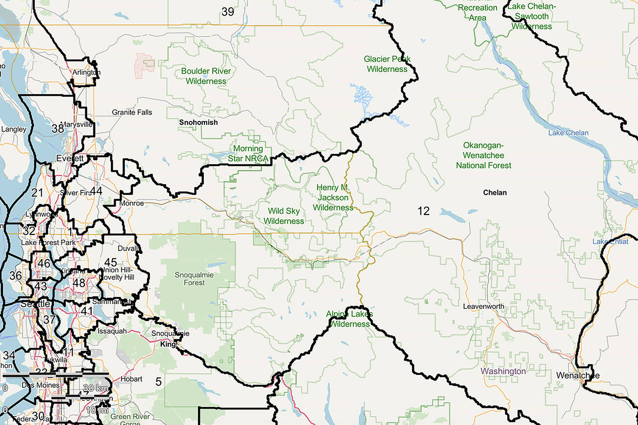 A portion of the Redistricting Commission-approved legislative map showing the 12th District, which would span the Cascade Range. (Washington State Redistricting Commission) 20211124