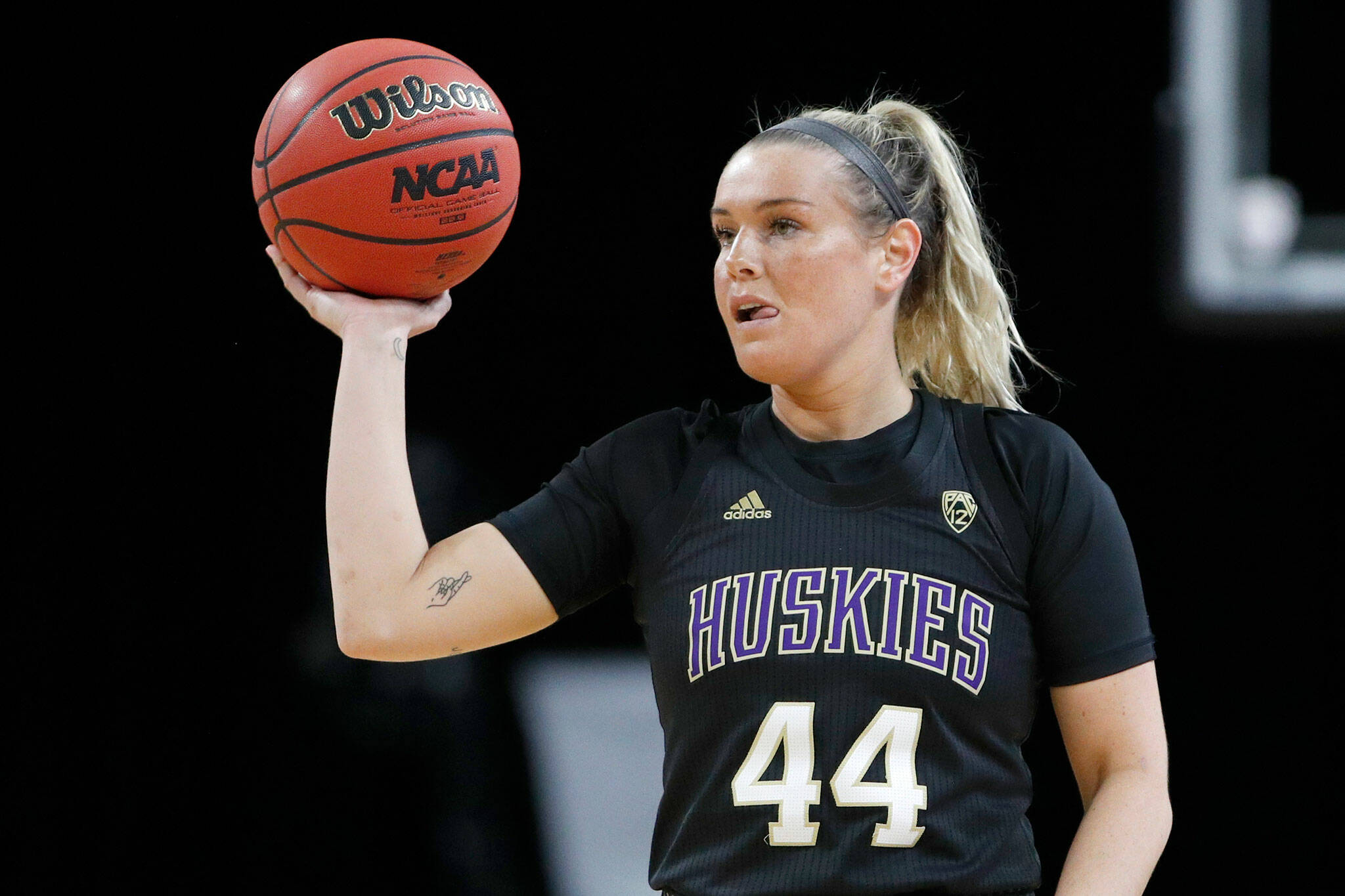 Washington’s Missy Peterson during a Pac-12 tournmanet game against Utah on March 5, 2020, in Las Vegas. (AP Photo/John Locher)