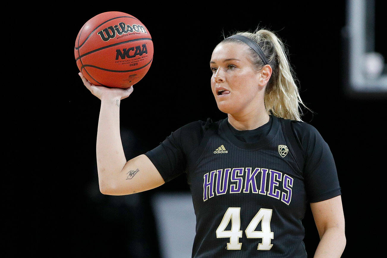 Washington's Missy Peterson (44) plays against Utah in an NCAA college basketball game in the first round of the Pac-12 women's tournament Thursday, March 5, 2020, in Las Vegas. (AP Photo/John Locher)