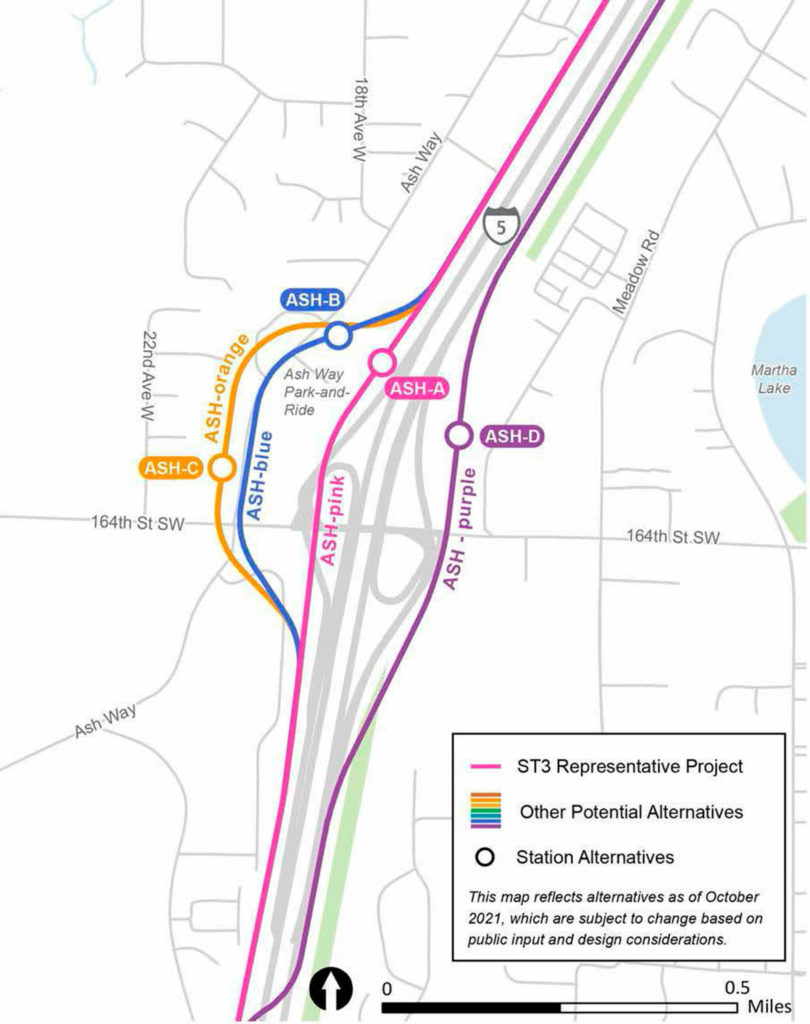 Alternatives for the Ash Way light rail station. (Sound Transit)
