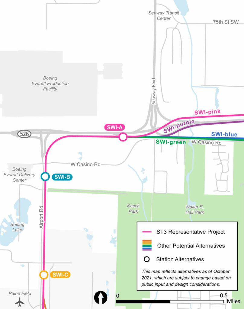 Alternatives for the Southwest Everett Industrial Center light rail station. (Sound Transit)
