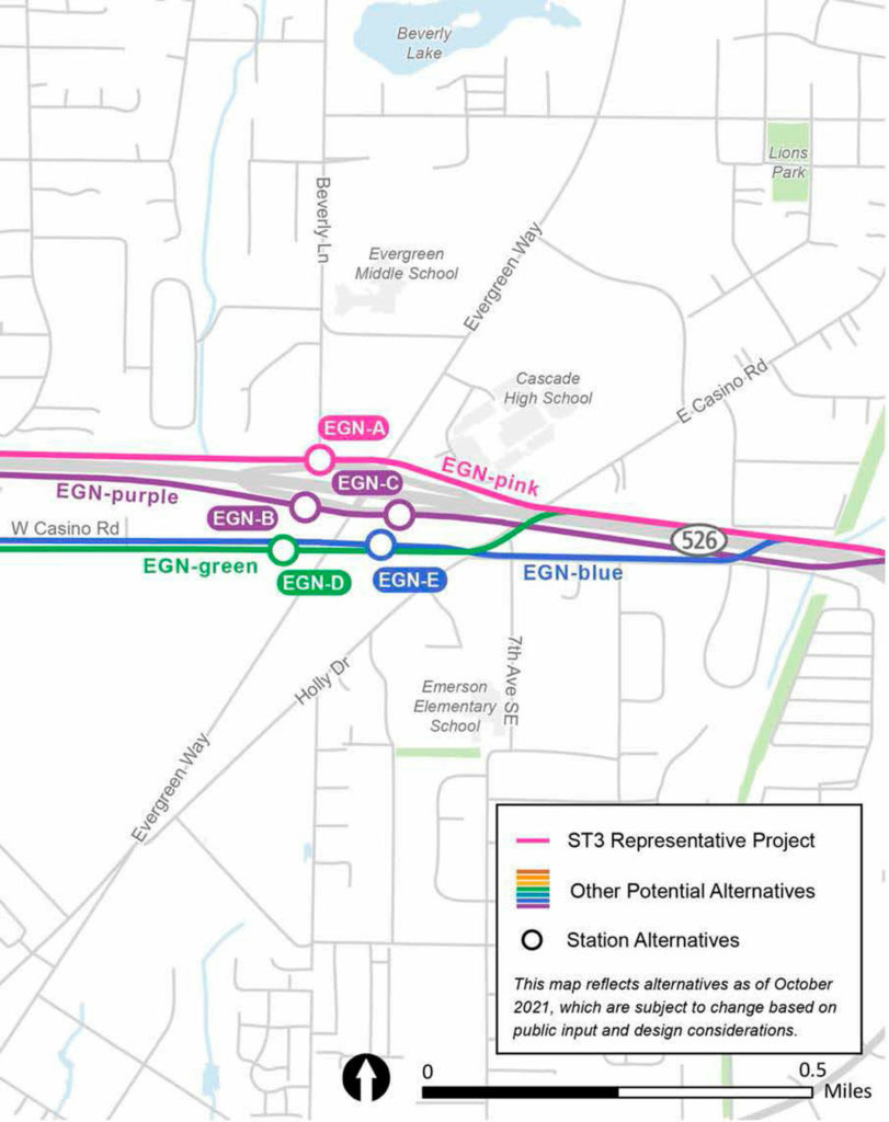 Alternatives for the Evergreen Way and Highway 526 light rail station. (Sound Transit)
