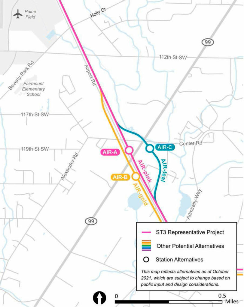 Alternatives for the unfunded Airport Road and Highway 99 light rail station. (Sound Transit)

