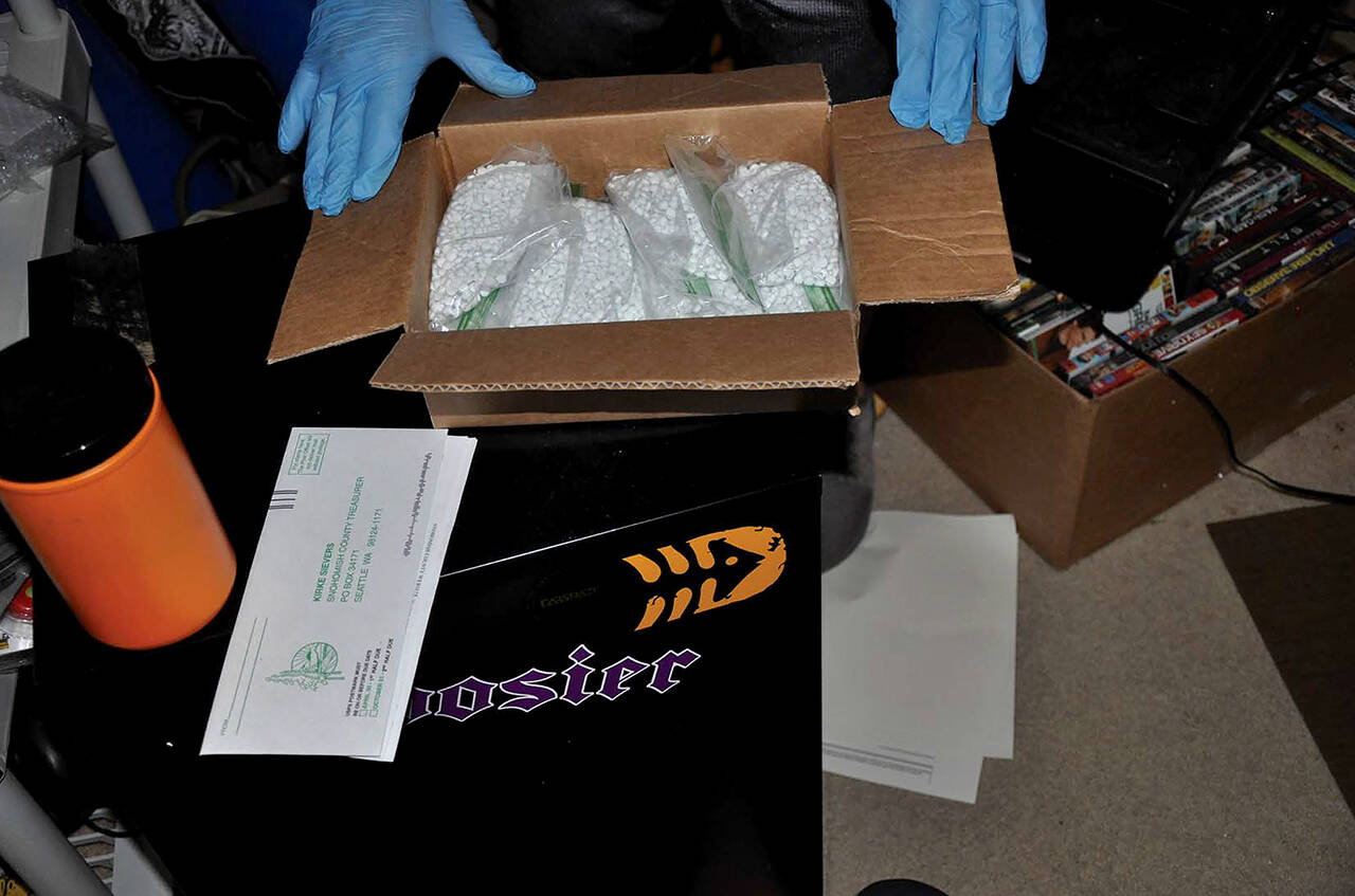 Fentanyl-laced pills — made to look like prescription oxycodone — were seized by law enforcement during an investigation into drug trafficking in Snohomish County. (U.S. Attorney’s Office)