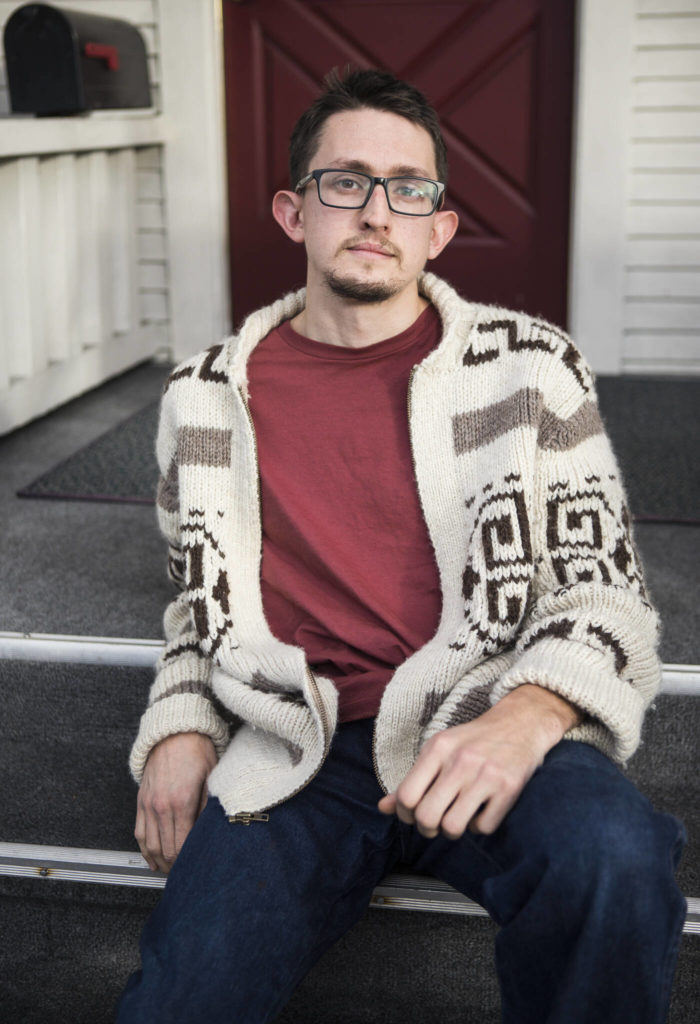 Jacob Akers knits replica Dude sweaters made famous in the 1998 cult classic, “The Big Lebowski.” The movie inspired him to learn new stitches. (Olivia Vanni / The Herald)
