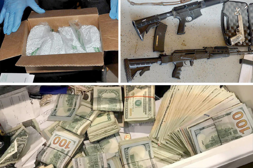 Fentanyl-laced pills, firearms and money seized by law enforcement during the investigation of a Snohomish County drug ring led by Bradley Woolard, Anthony Pelayo and Jerome Isham. (U.S. Attorney’s Office, file)
