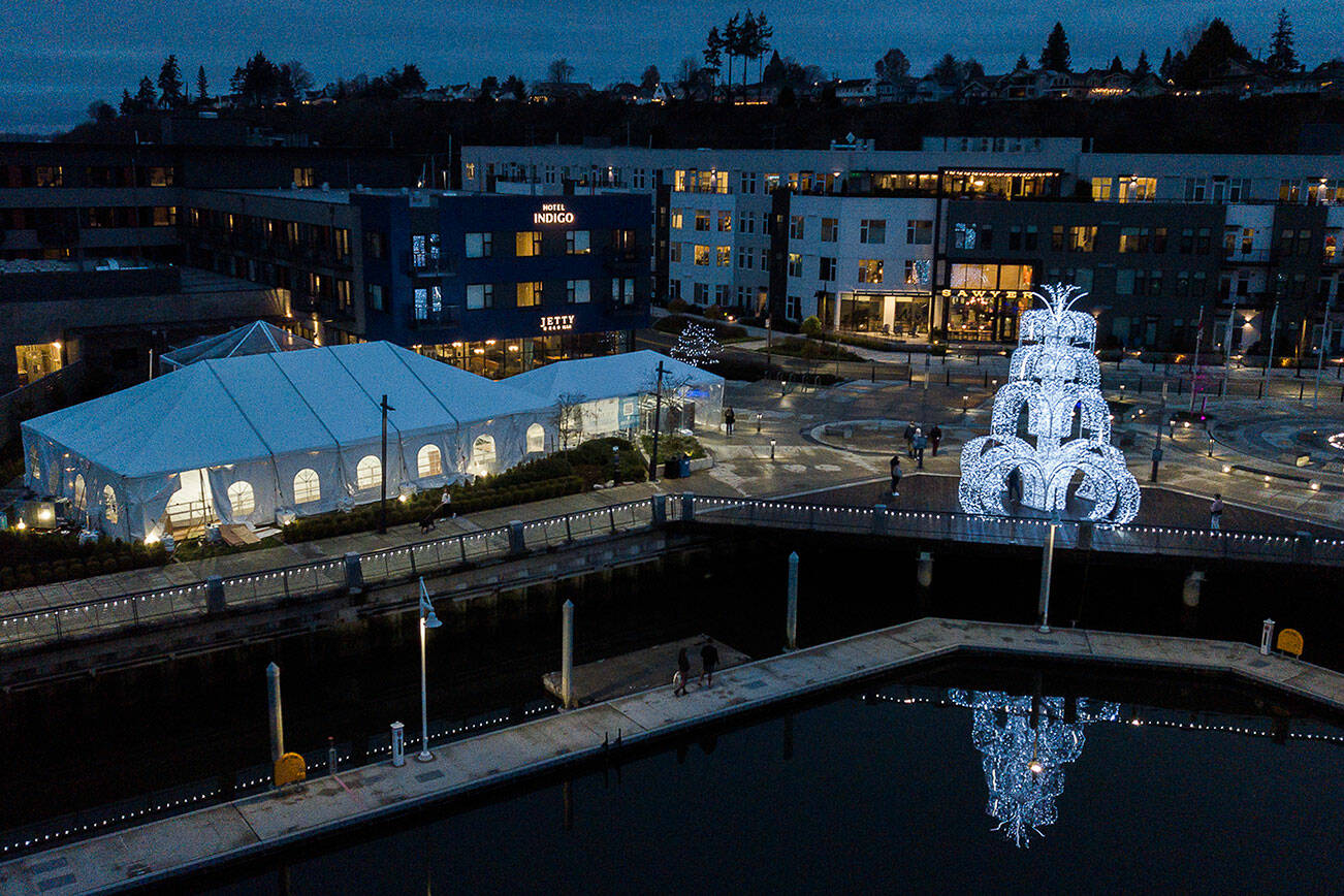 The Pacific Ice rink under construction at Port of Everett on Friday, Nov. 26, 2021 in Everett, Wa. (Olivia Vanni / The Herald)