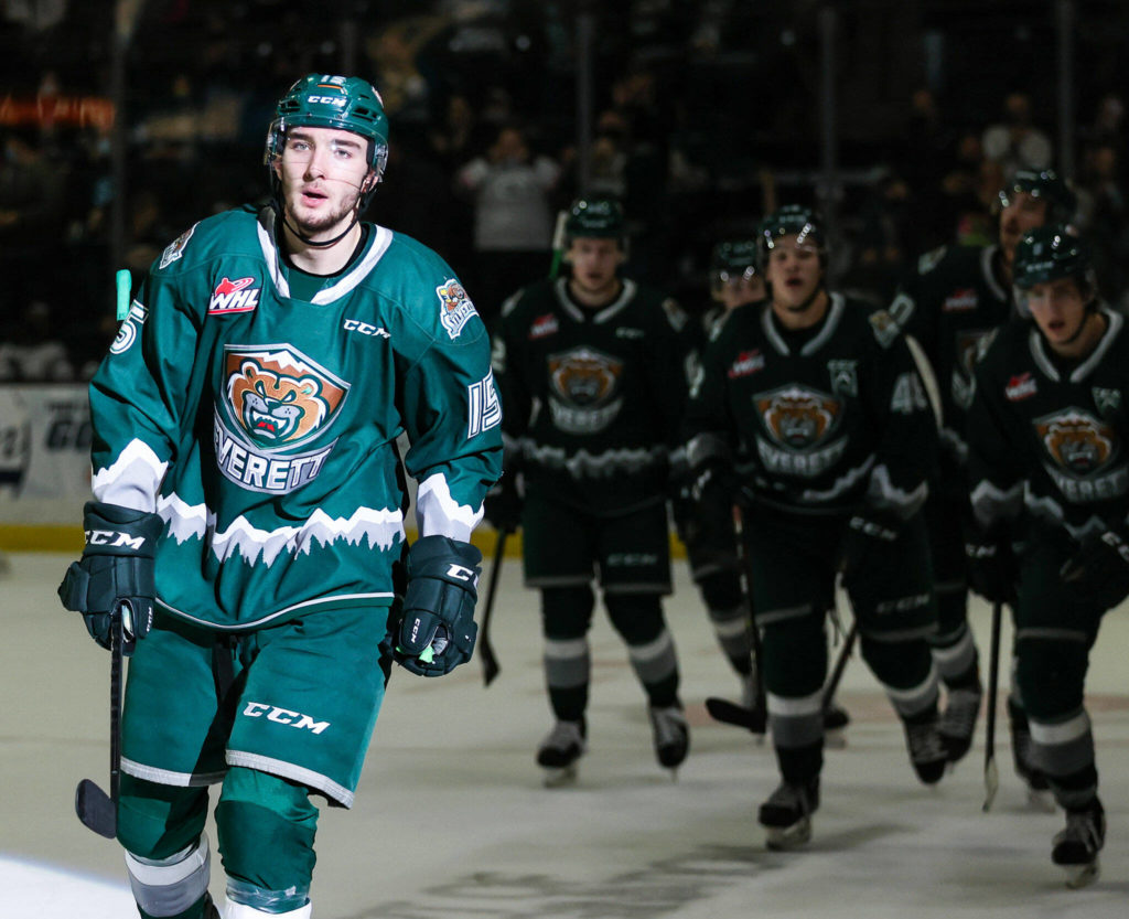 Everett Silvertips’ Ryan Hofer (15) during a game against Kamloops on Saturday at Angel of the Winds Arena in Everett. (Kristin Ostrowski/Everett Silvertips)
