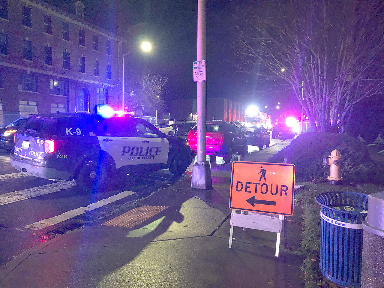 A man died after he was found with gunshot wounds Saturday in downtown Everett. (Caleb Hutton / The Herald)