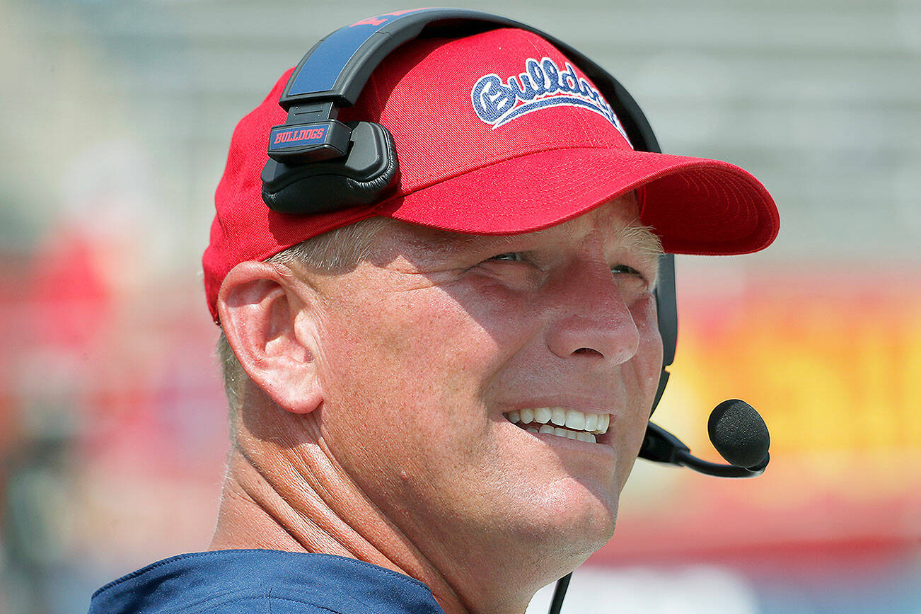 FILE - Fresno State coach Kalen DeBoer watches the team play Connecticut during the second half of an NCAA college football game in Fresno, Calif., Saturday, Aug. 28, 2021. Washington is in talks with Fresno State's Kalen DeBoer to be its next head coach, two people familiar with the discussions between the Bulldogs' coach and the Pac-12 school told AP on Monday, Nov. 29, 2021. (AP Photo/Gary Kazanjian, File)