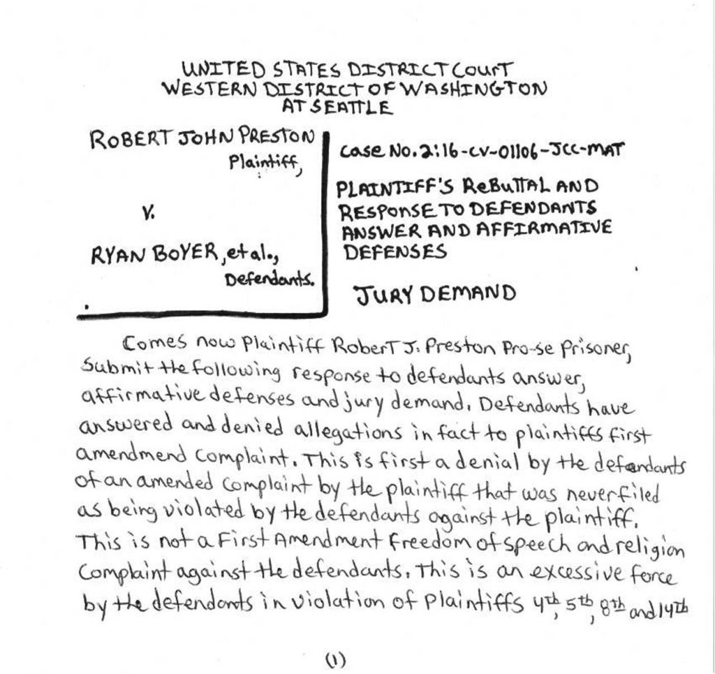 One of the hand-written legal filings of Robert Preston, who alleged that a deputy sheriff beat him senseless in 2014. (U.S. District Court, Seattle) 
