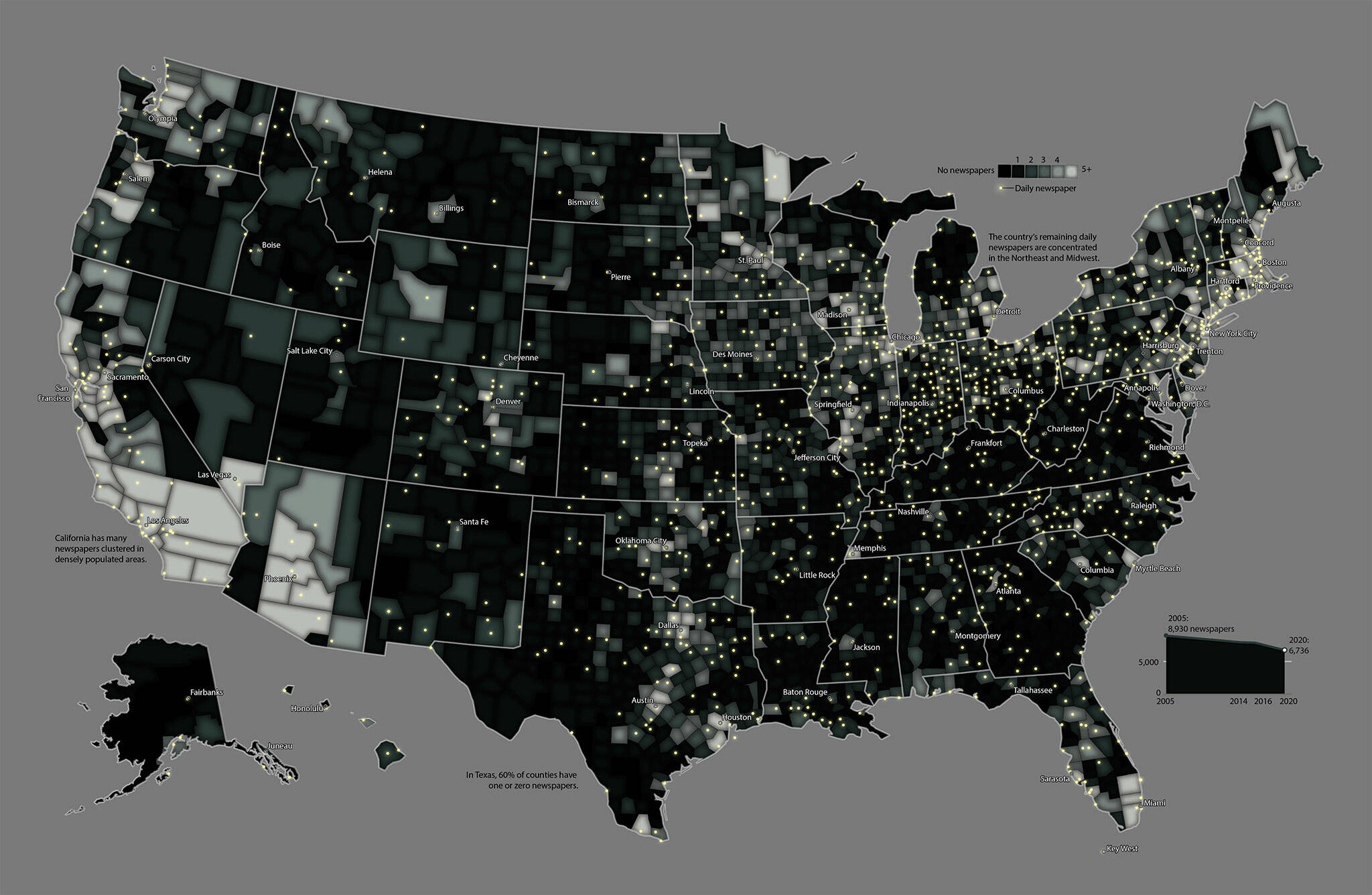 A map of the news deserts of the United States. White dots indicate daily newspapers; darker areas show the counties with the fewest — or no — daily newspapers; lighter areas show areas with more local news sources. (Washington Post)