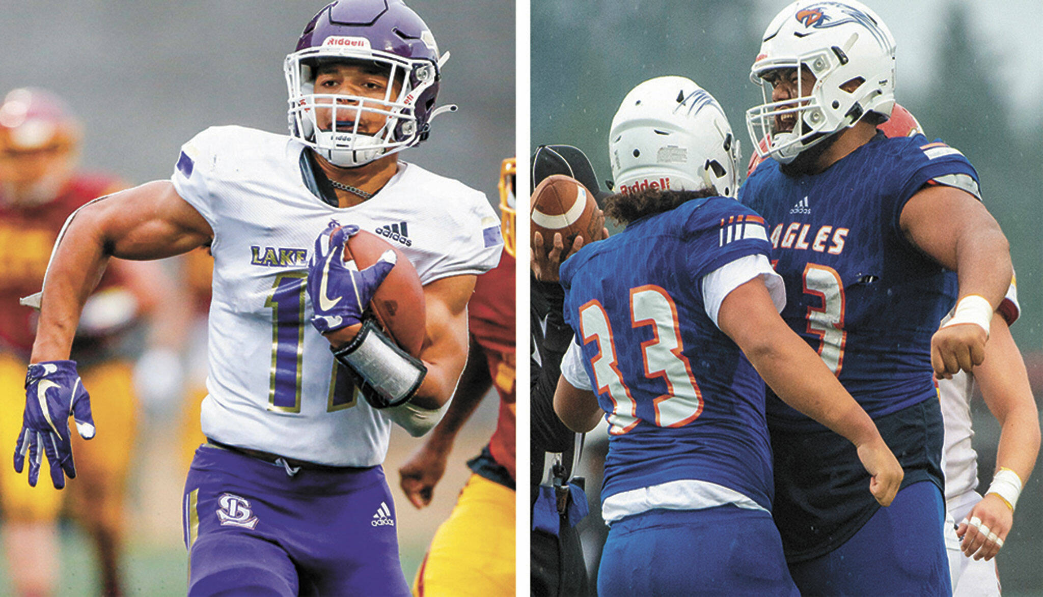 Jayden Limar (left) and Lake Stevens are set to face Vega Ioane (far right) and Graham-Kapowsin in Saturday night’s Class 4A state championship game. (Kevin Clark / The Herald; Pete Caster / Tacoma News Tribune)