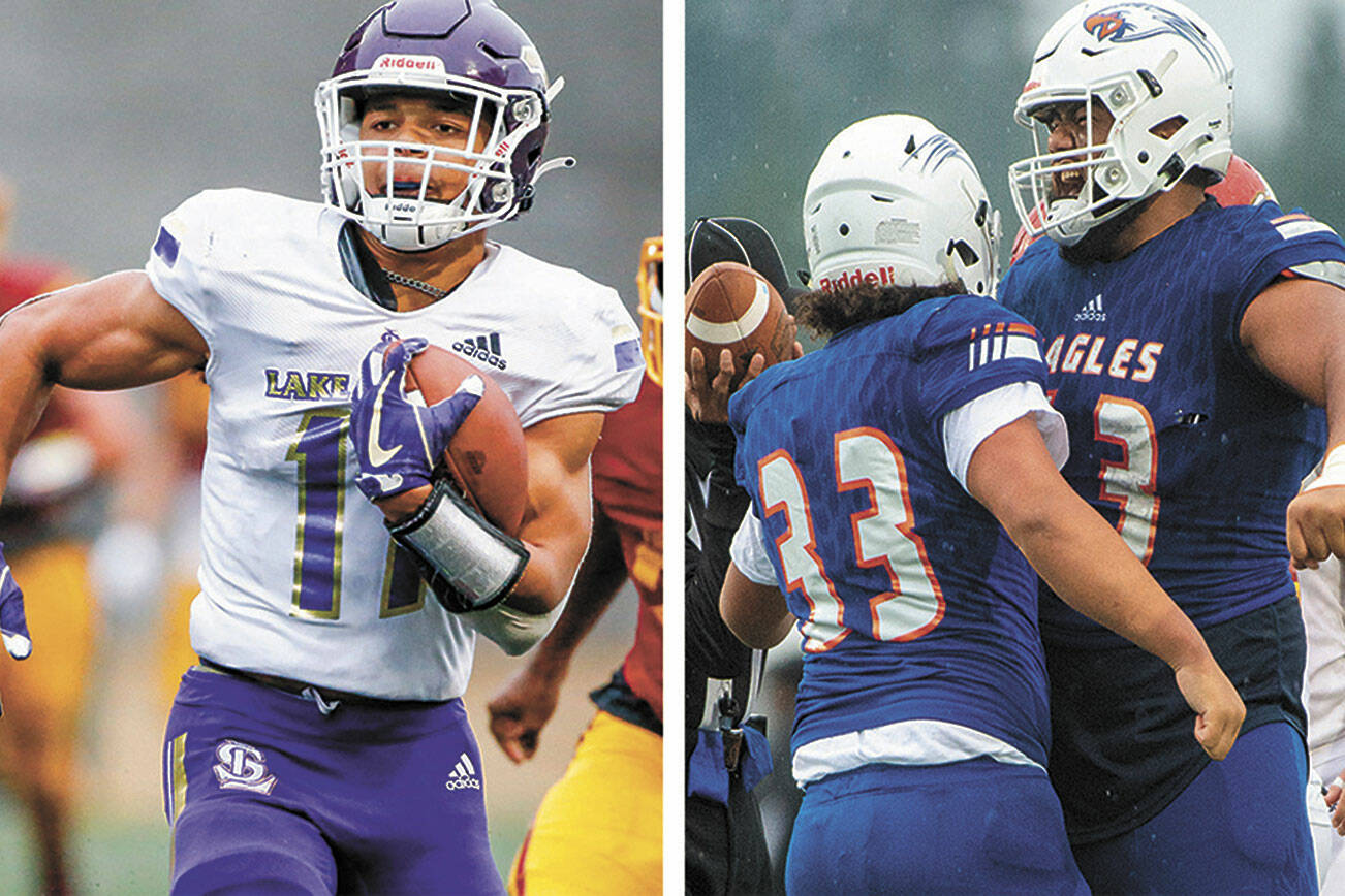 Lake Stevens running back Jayden Limar (left) and Graham-Kapowsin's Vega Ioane (far right) and Michael Toa.