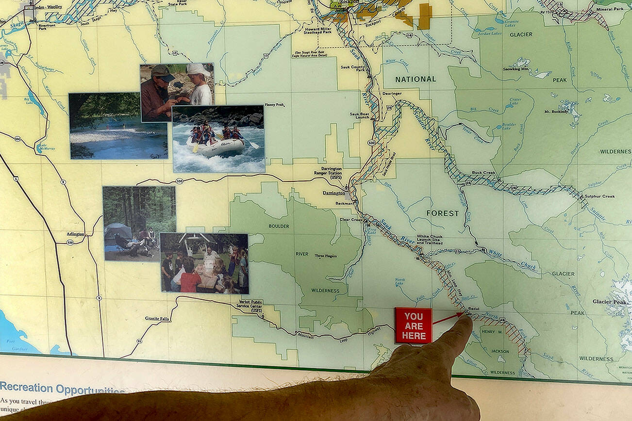 A traveler points to Bedal Campground on a map posted along the Mountain Loop Highway in June. (Sue Misao / Herald file)