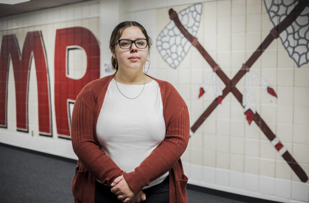 Student and Tulalip tribal member Tony Hatch at Marysville Pilchuck High School. (Olivia Vanni / The Herald)
