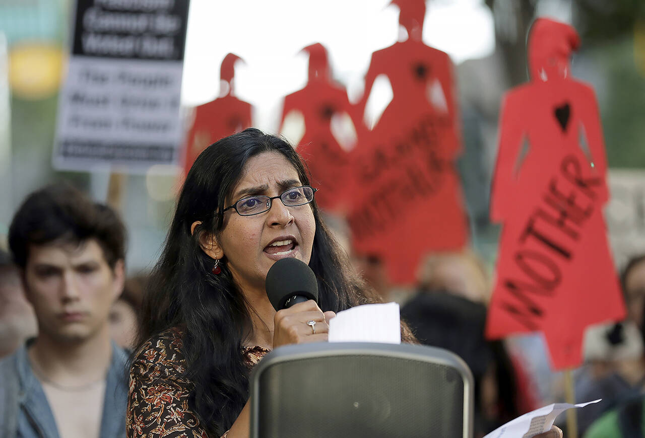 Seattle city councilmember Kshama Sawant speaks during a protest against family separation at the border and other immigration-related issues on Aug. 1, 2019, outside ICE headquarters in Seattle. (AP Photo/Ted S. Warren, File)