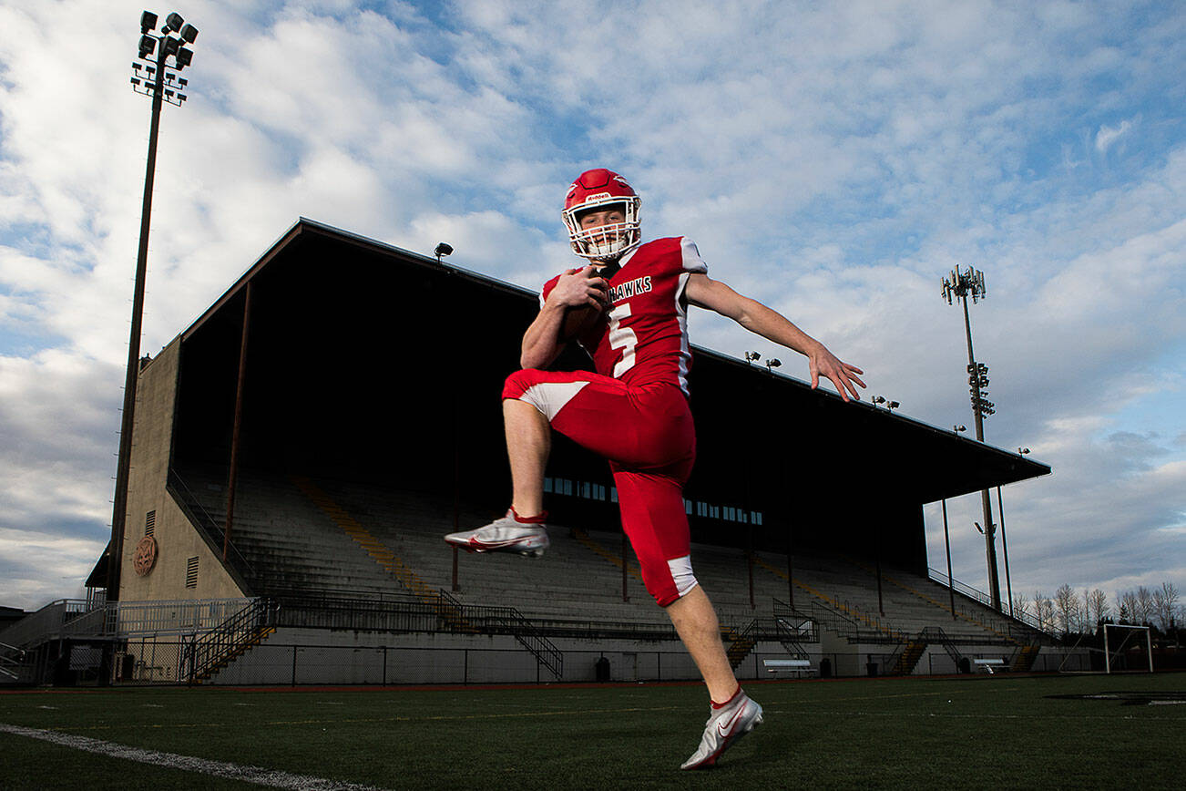 All-Area Offensive Player of the Year Dylan Carson ran for 2,671 yards (eighth in state history) and 46 touchdowns (third in state history) over 13 games this season. (Olivia Vanni / The Herald)