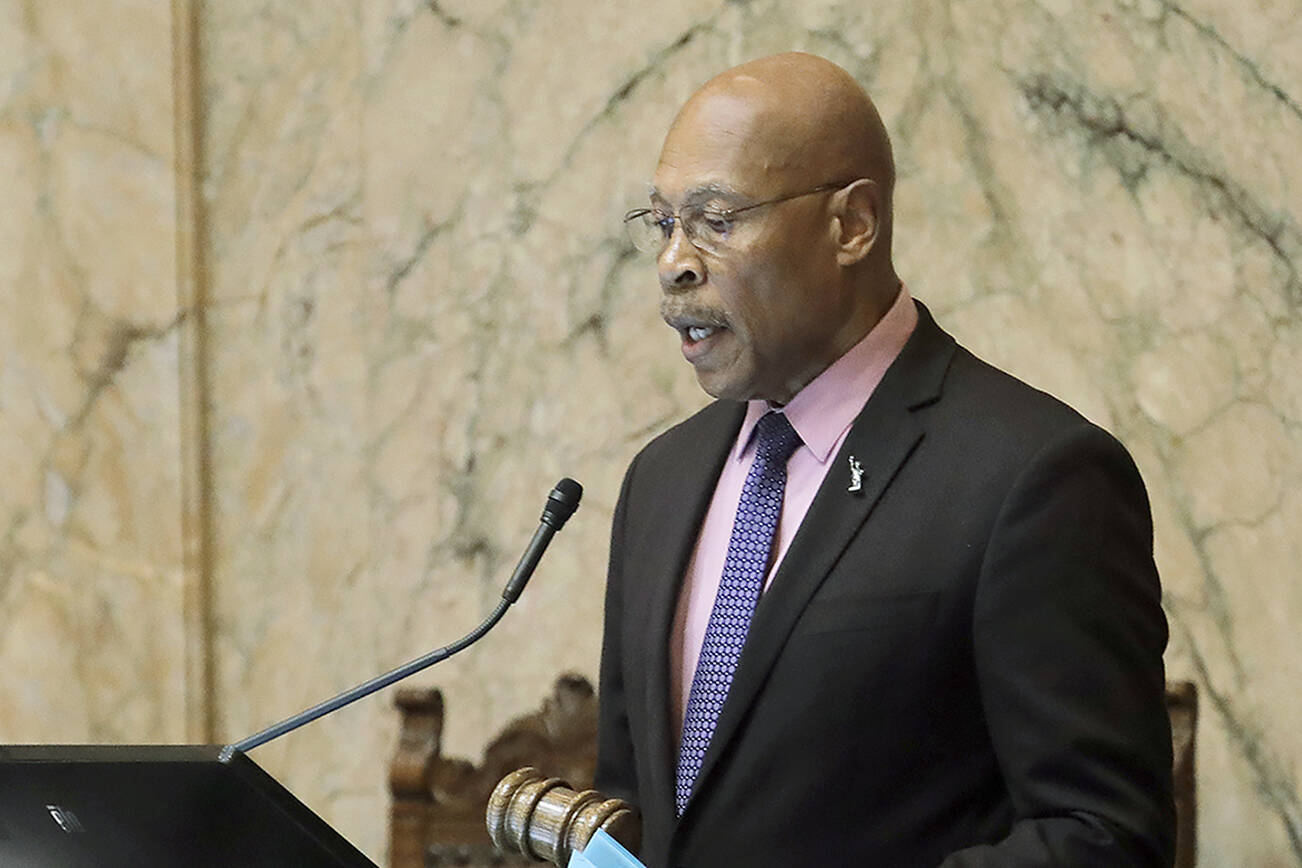 House Speaker Pro-tem Rep. John Lovick, D-Mill Creek, presides over the Washington House, Wednesday, Feb. 19, 2020, at the Capitol in Olympia, Wash. Lawmakers were busy throughout the day as Wednesday was the floor cutoff deadline for the 2020 legislative session. (AP Photo/Ted S. Warren)