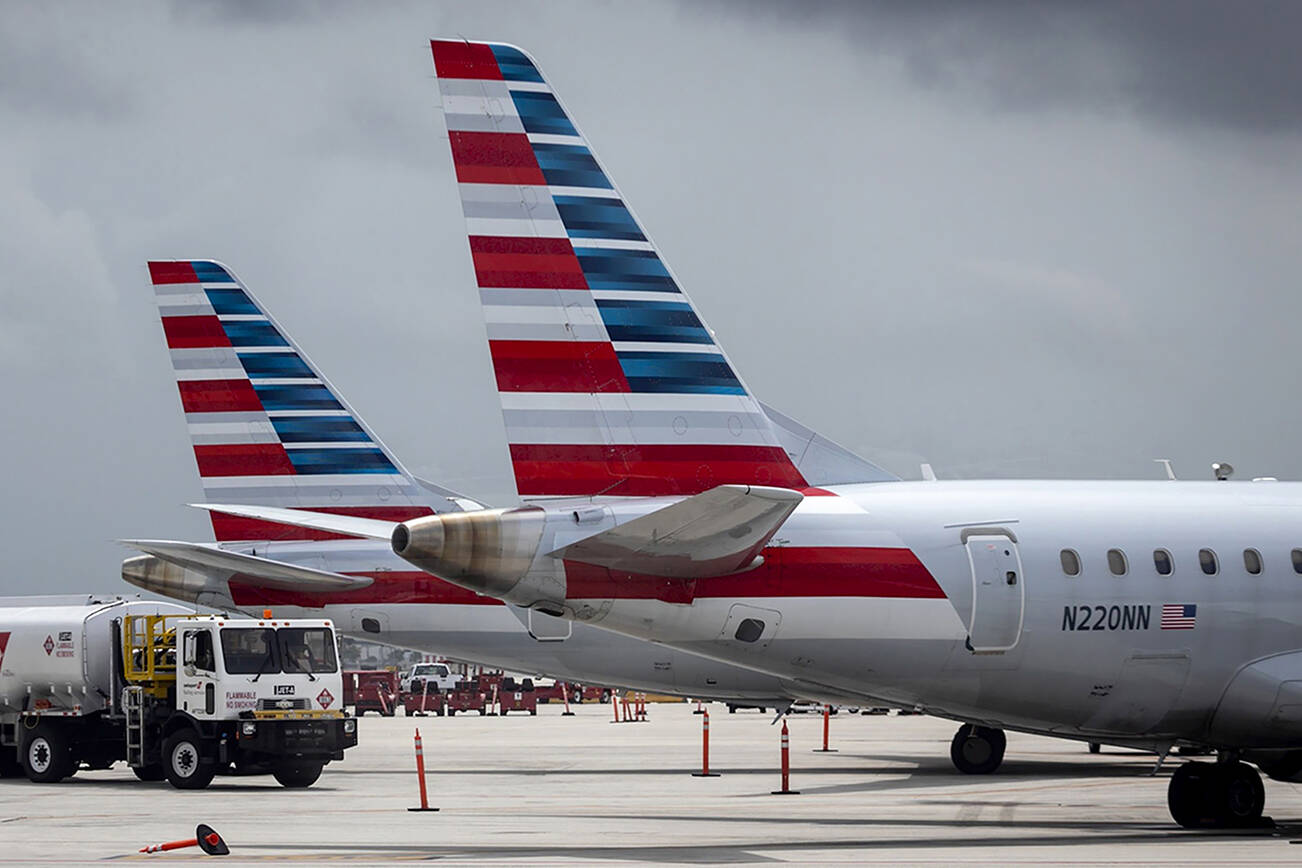 Tails fins of passenger aircraft operated by American Airlines at Miami International Airport in Miami on June 16, 2021. MUST CREDIT: Bloomberg photo by Eva Marie Uzcategui.
