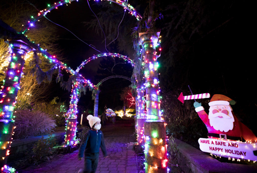 Nolan Torres, 4, runs through the entrance to Wintertide Lights in the Evergreen Arboretum in Everett. (Olivia Vanni / The Herald)
