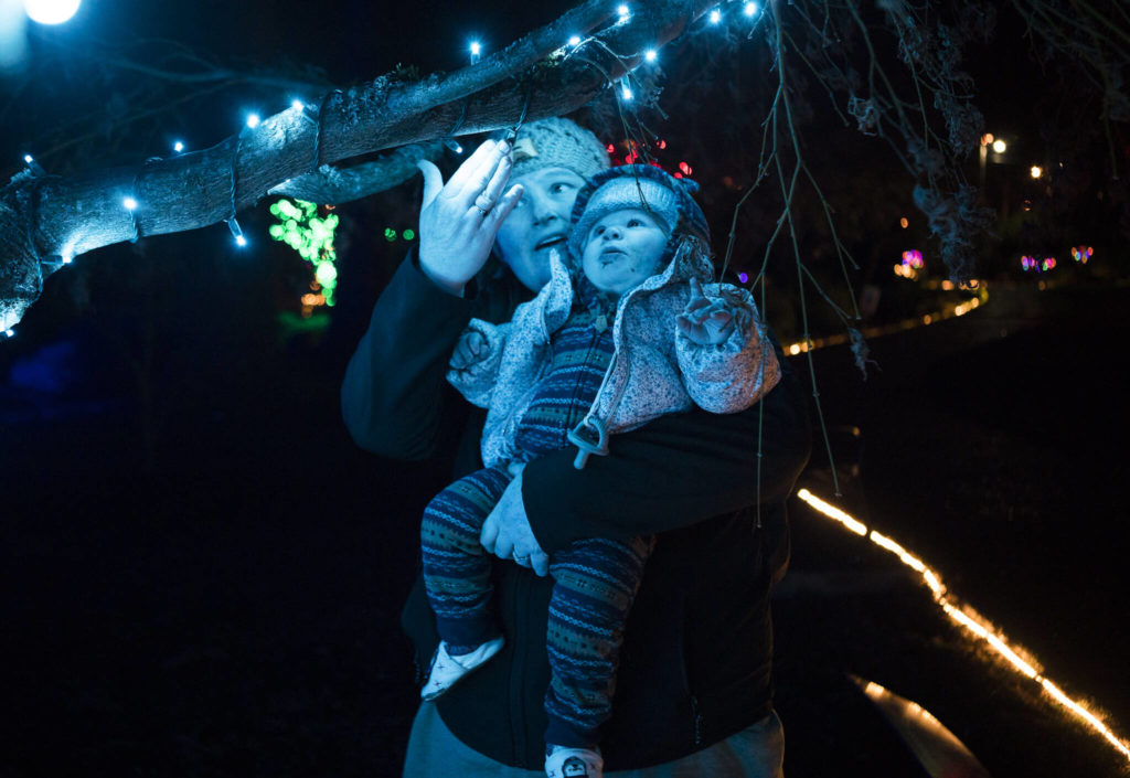 Lindsey Heidel shows her son Finn Heidel, 1, a string of lights at Wintertide Lights in the Evergreen Arboretum in Everett. (Olivia Vanni / The Herald)
