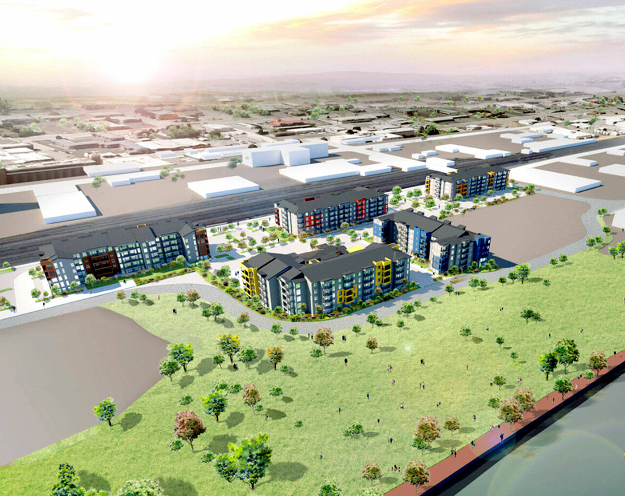 An artist’s rendering of the proposed Riverfront Village development along the Columbia River in Wenatchee. Anandacom, a company that employs federally convicted developer Lobsang Dargey, recently sold the property, which was listed for $12 million. (Anandacom)