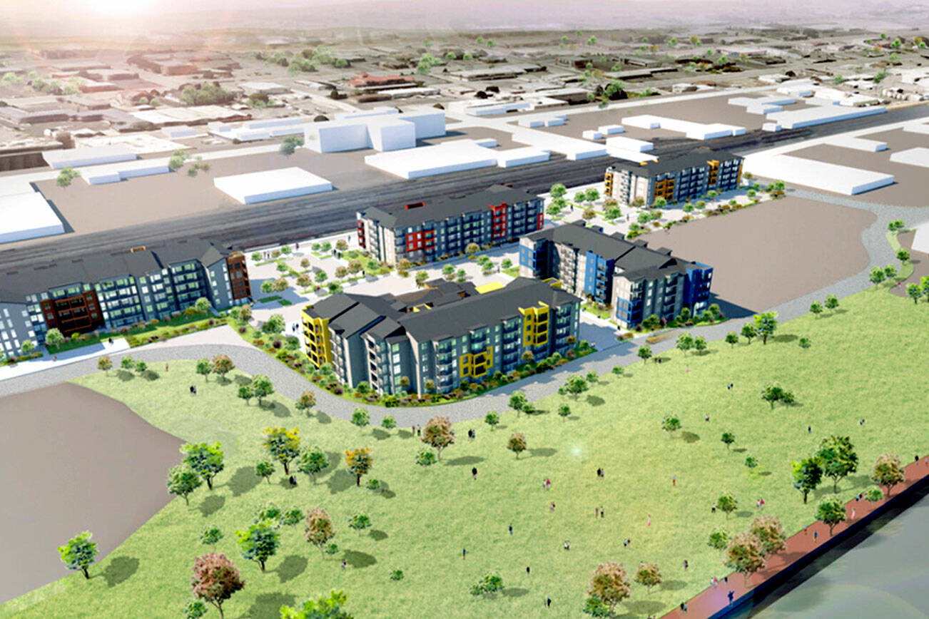 An artist's rendering of the proposed Riverfront Village development along the Columbia River in Wenatchee. Anandacom, a company that employs federally convicted developer Lobsang Dargey, recently sold the property, which was listed for $12 million. (Anandacom) 20211212