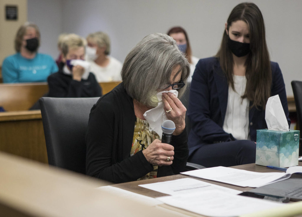 Denise Benzel, wife of Howard Benzel, reads her victim statement to the court during Frank Walton’s sentencing hearing Monday in Everett. (Olivia Vanni / The Herald)

