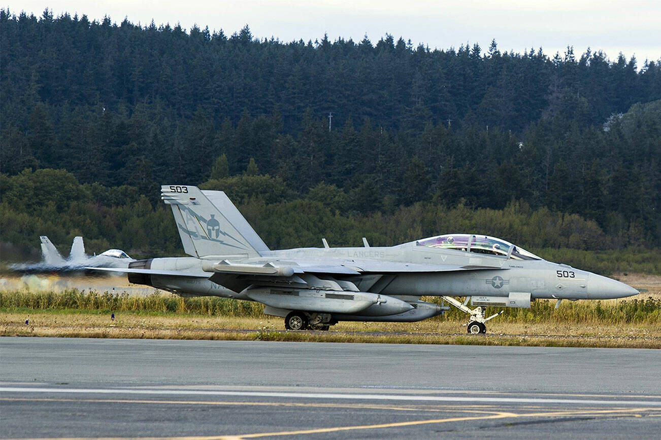 An EA-18G Growler taxis down the airstrip on Naval Air Station Whidbey Island during the squadron’s welcome home ceremony in August 2017. (U.S. Navy photo by Mass Communication Specialist 2nd Class Scott Wood/Contributed photo)